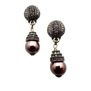 Heidi Daus Purple Crystal Pearl Bronze Clip Earrings Chandelier 2 Inch